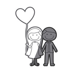 grayscale silhouette of caricature of couple him in formal suit and her in dress with balloon in shape of heart vector illustration
