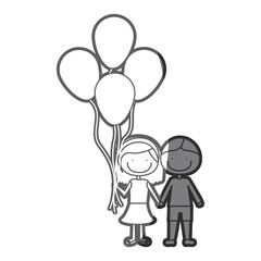 grayscale silhouette of caricature of couple in suit informal with many balloons vector illustration