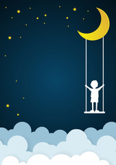 Children play swings on sky with nighttime,paper art