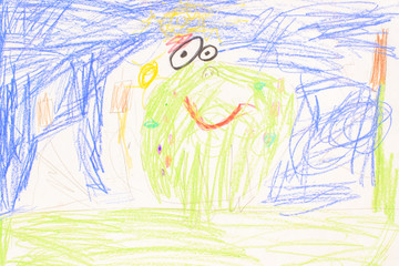 Child paint colorful color pencil drawing: Child draws of funny green frog background texture