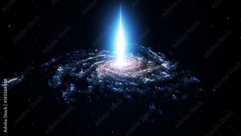 Poster spiral nebula and light ray in deep space with stars. 3d rendering