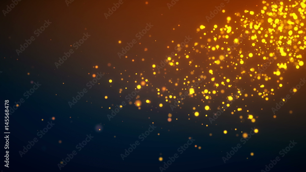 Poster golden particle background. digital backdrop, 3d rendering