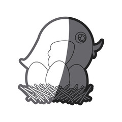 grayscale thick silhouette of bird in nest with eggs in closeup vector illustration