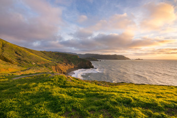Sunset view at Mori Point over the coastline and Pacific Ocean, Golden Gate National Recreation...