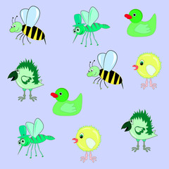 ворона утка цыпленок пчела комар на розовом фоне 