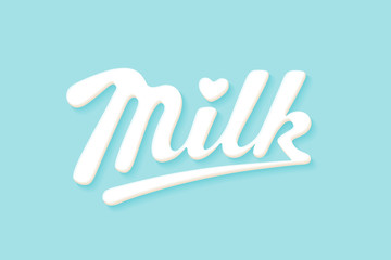 Fototapeta na wymiar Lettering Milk, hand written design for label, brand, badge. Design elements, logo for farm dairy shop, branding and advertising. White logo Milk with heart on blue background. Vector Illustration