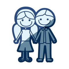 blue silhouette of caricature boy short hair and girl pigtails hairstyle with taken hands vector illustration