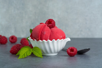 Raspberry ice cream sorbet in white porcelaine bowl with raspberry, mint leaves  copy space on grey textured background