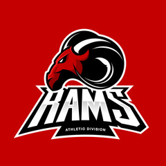 Obraz premium Furious ram sport club vector logo concept isolated on red background. Modern professional team badge mascot design. Premium quality wild ram animal athletic division t-shirt tee print illustration.