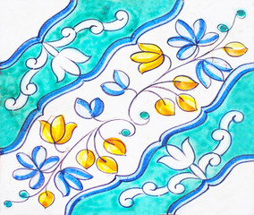 Detail of the traditional tiles from facade of old house. Decorative tiles.Valencian traditional tiles. Floral ornament. Majolica, Watercolor