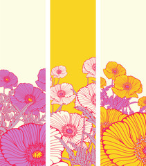 bookmarks with stylized cosmos flowers in yellow and purple