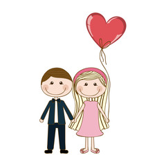 colorful caricature of couple him in formal suit with tie and her in dress with balloon in shape of heart vector illustration