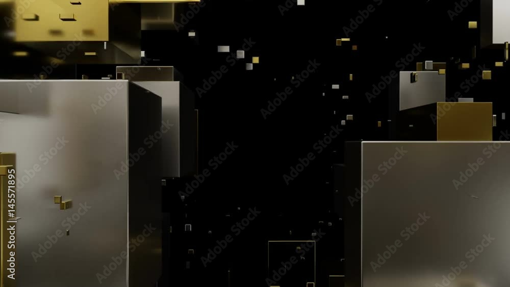 Poster loopabe 3d rendered sequence of moving metal cubes and rectangels. random primitives forms on dark b