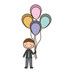 colorful caricature of smiling kid with bow tie and many balloons vector illustration