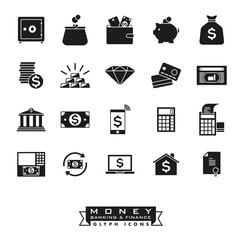 Money, banking and finance glyph icon set