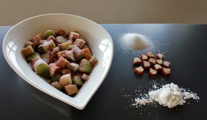 Preparation for baked rhubarbs ready to go into the oven

