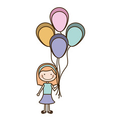 colorful caricature of smiling girl with dress and short hair and many balloons vector illustration