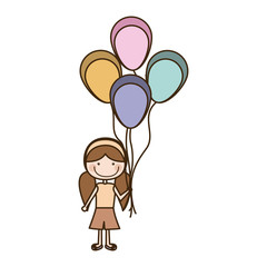 colorful caricature of smiling girl with short pants and pigtails hairstyle and many balloons vector illustration