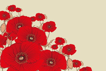 stylized poppy flowers corner ornament in red and ivory - obrazy, fototapety, plakaty