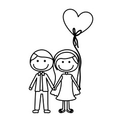 monochrome contour caricature of couple him in formal suit with tie and her in dress with balloon in shape of heart vector illustration