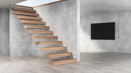 Modern Empty Room Interior with Wooden Stairs. 3D Rendering