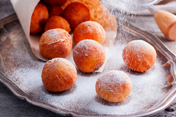 Donuts with powdered sugar, horizontal