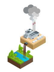 Isometric Pollution of the environment concept. The plant pours dirty water into the river, the pipes smoke and pollute the air. Let s save the Earth. For infographics and design