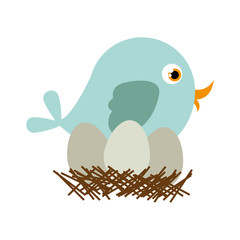 blue color silhouette of bird in nest with eggs vector illustration