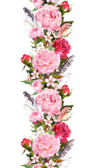 Floral border with pink peony flowers, roses, cherry blossom, bird feathers. Vintage seamless stripe in boho style. Watercolor