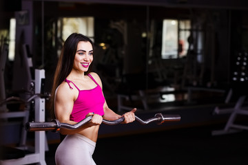 Young attractive muscular smiling fitness woman doing exercise with barbell in gym