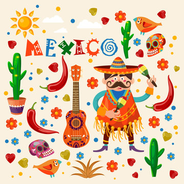 Vector colorful card about Mexico. Travel poster with mexican items.