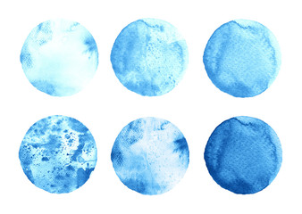 Set of blue watercolor painted circle on white