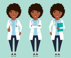 Fototapeta premium Set. Doctor of African descent in a white coat. In flat style. Cartoon.