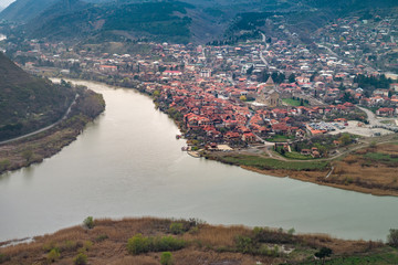 View from Jvari Monastery on Mtskheta, eastern Georgia.It is listed as a World Heritage site by UNESCO. Spring in Georgia.
