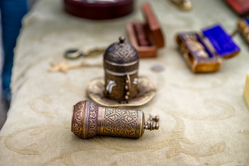 Old objects of art on Tbilisi flea market - biggest flea market in Georgia