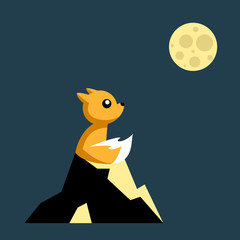 lone fox sits on a hill and looking at the moon, vector illustration