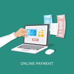 Online payment concept. Payment of bills, checks, online shopping via mobile app. E-commerce,  electronic business. Man's hand with a credit card and laptop. Vector illustration 
