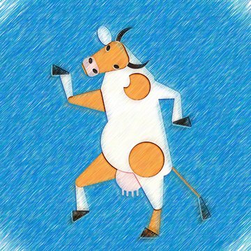 Abstract dancing cow. Drawing style. Digital colorful illustration.