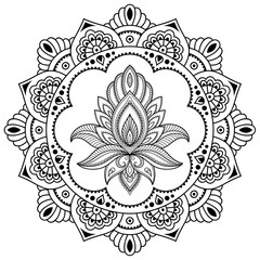 A circular pattern in the form of a mandala. Henna tattoo flower template in Indian style. Ethnic floral paisley - Lotus. Mehndi style. Decorative pattern in oriental style.