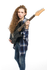 Fototapeta premium Young guitarist girl posing on white background;