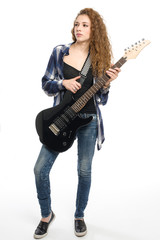 Fototapeta na wymiar Young guitarist girl posing on white background;
