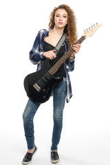 Fototapeta premium Young guitarist girl posing on white background;