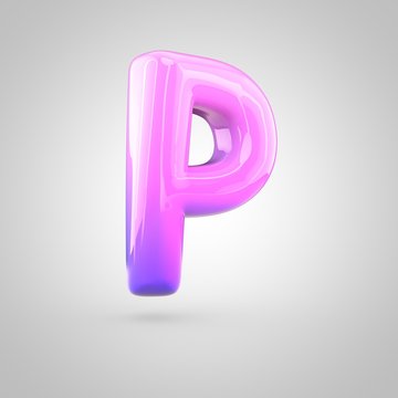 Glossy pink and violet gradient paint alphabet letter P uppercase isolated on white background