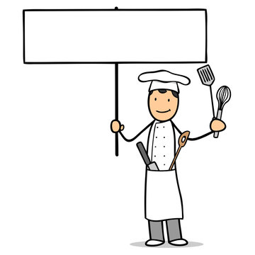 Cartoon Koch h&auml;lt Schild hoch