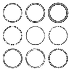 Vector set of round rope frame. Collection of thick and thin circles isolated on the white background consisting of braided cord and string. For decoration and design in nautical style.