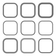 Vector rope set of square frames. Collection of thick and thin borders isolated on white background, consisting of braided cord and string. For decoration and design in nautical style.