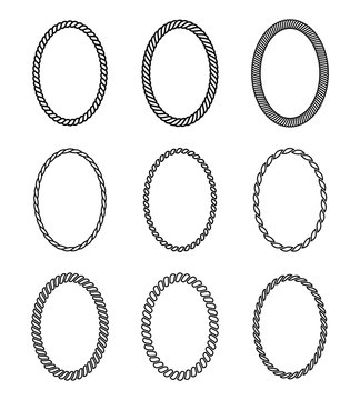 Vector rope set of oval frames. Collection of thick and thin borders isolated on white background, consisting of braided cord and string. For decoration and design in nautical style.