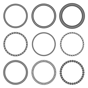 Vector set of round rope frame. Collection of thick and thin circles isolated on the white background consisting of braided cord and string. For decoration and design in nautical style.