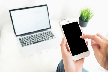 woman hand working with phone on desk in office. can be used on advertising