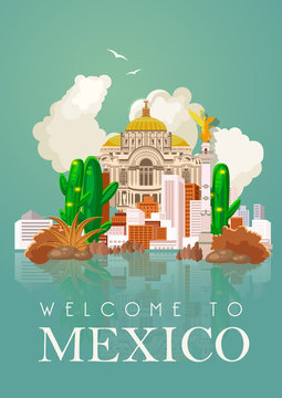 Vector Colorful Card About Mexico. Travel Poster With Mexican Items.